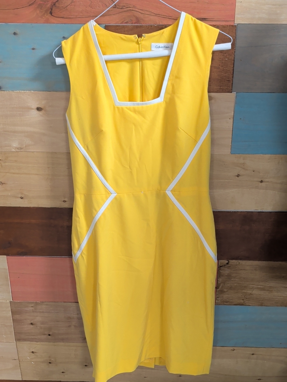 Calvin Klein Yellow Midi Sheath Dress with White Trim